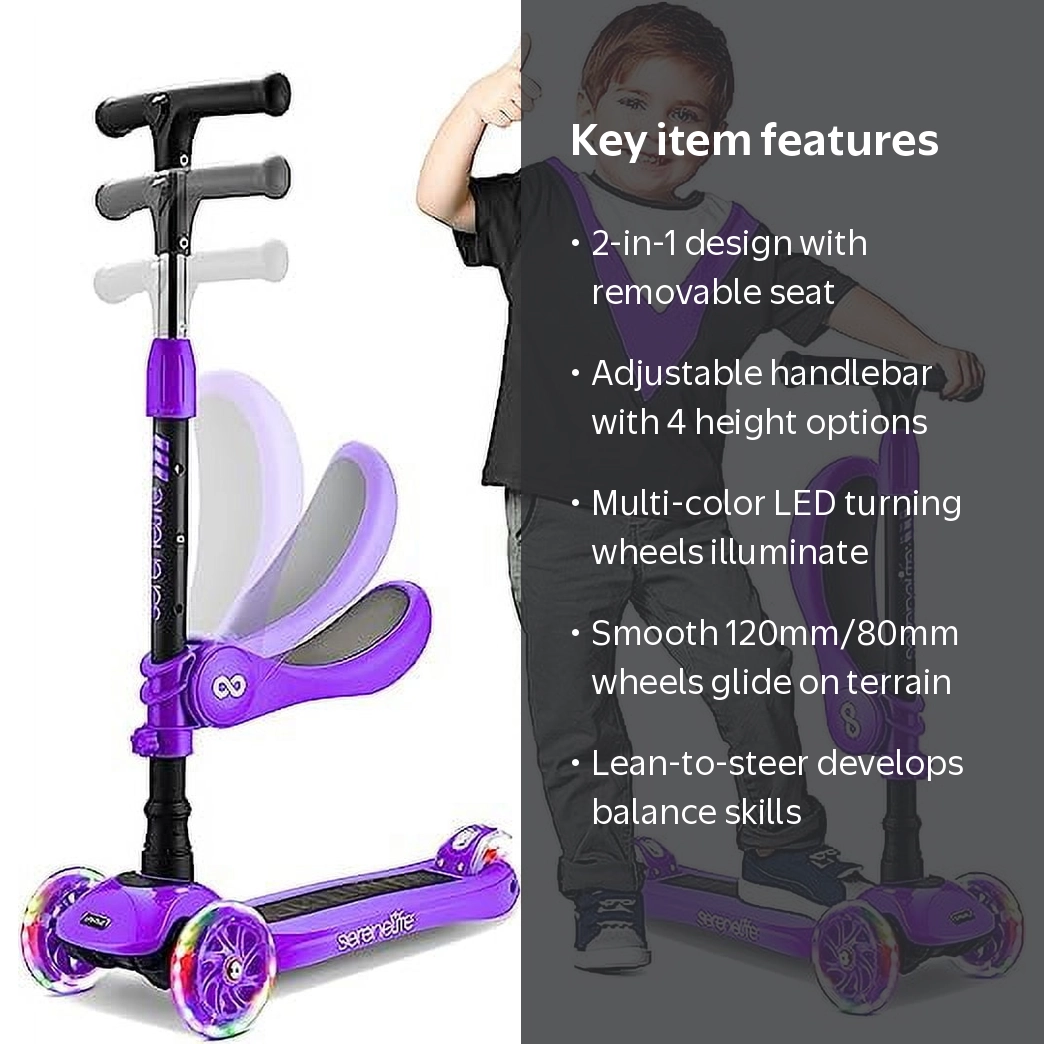 SereneLife 3 Wheeled Adjustable Purple Scooter for Kids - 2-in-1
