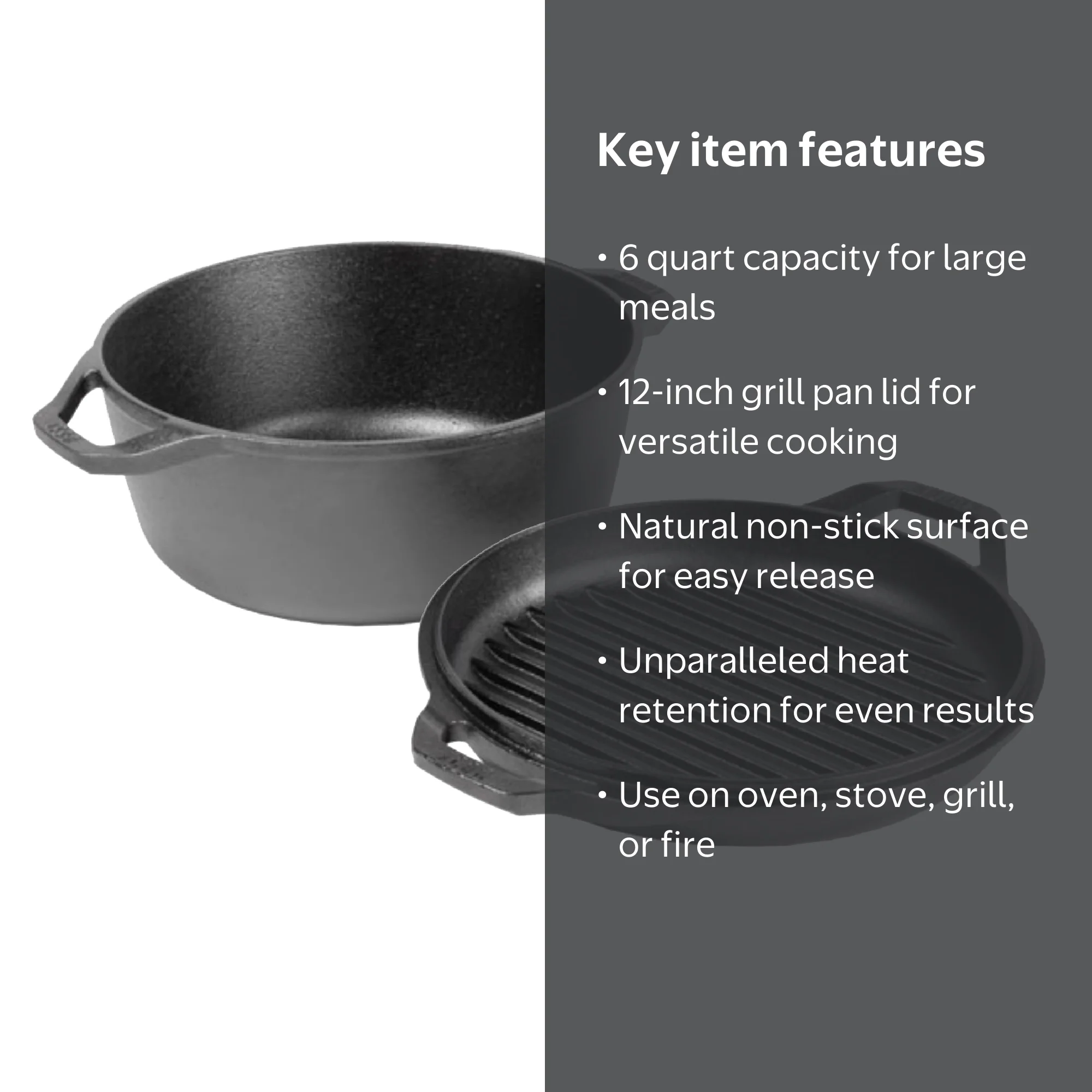 Lodge, Dutch Oven, 6qt, Double with grill lid, versatile cookware