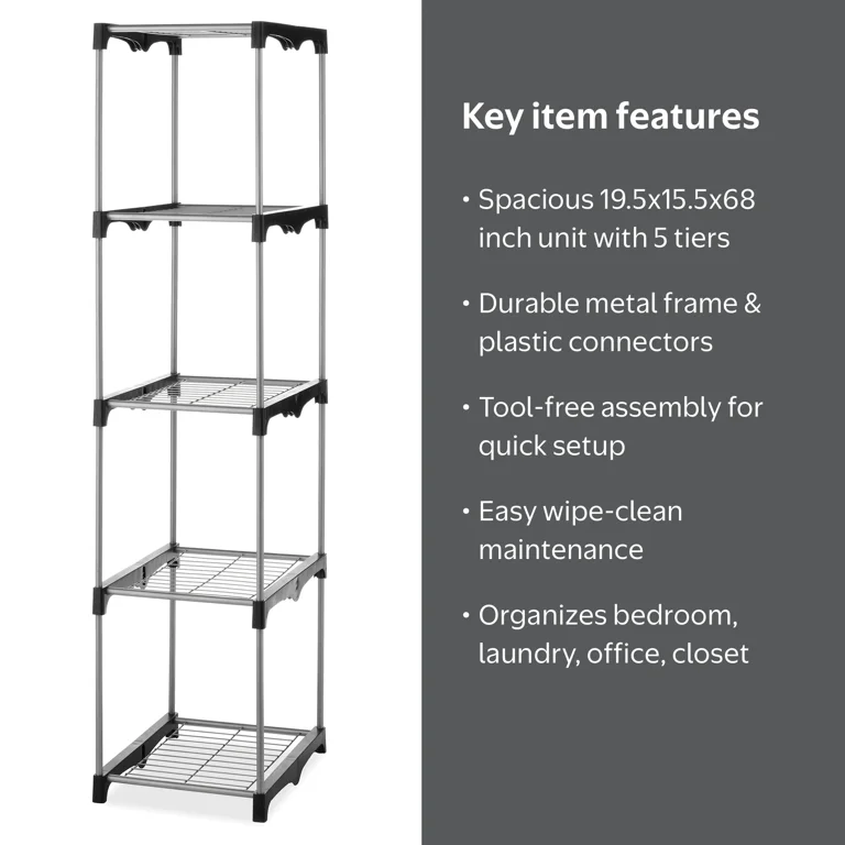 Whitmor 5-Tier Shelf Tower Closet System, Metal with Plastic
