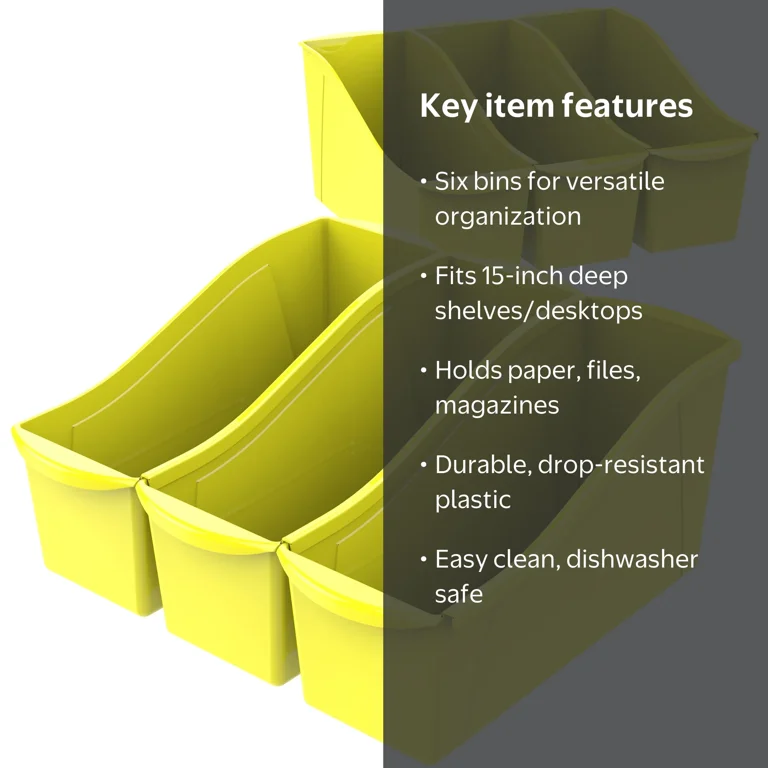 Storex Large Plastic Book Bin, Kids' Paper Storage, Yellow, 6-Pack