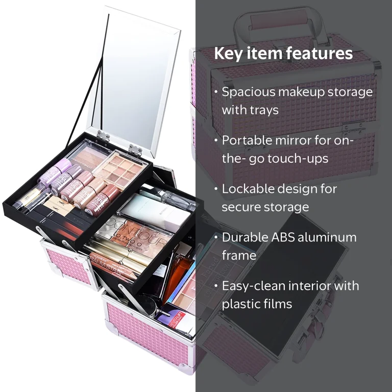 Velore, Makeup Train Case, Large Pink Cosmetics Organizer with Mirror