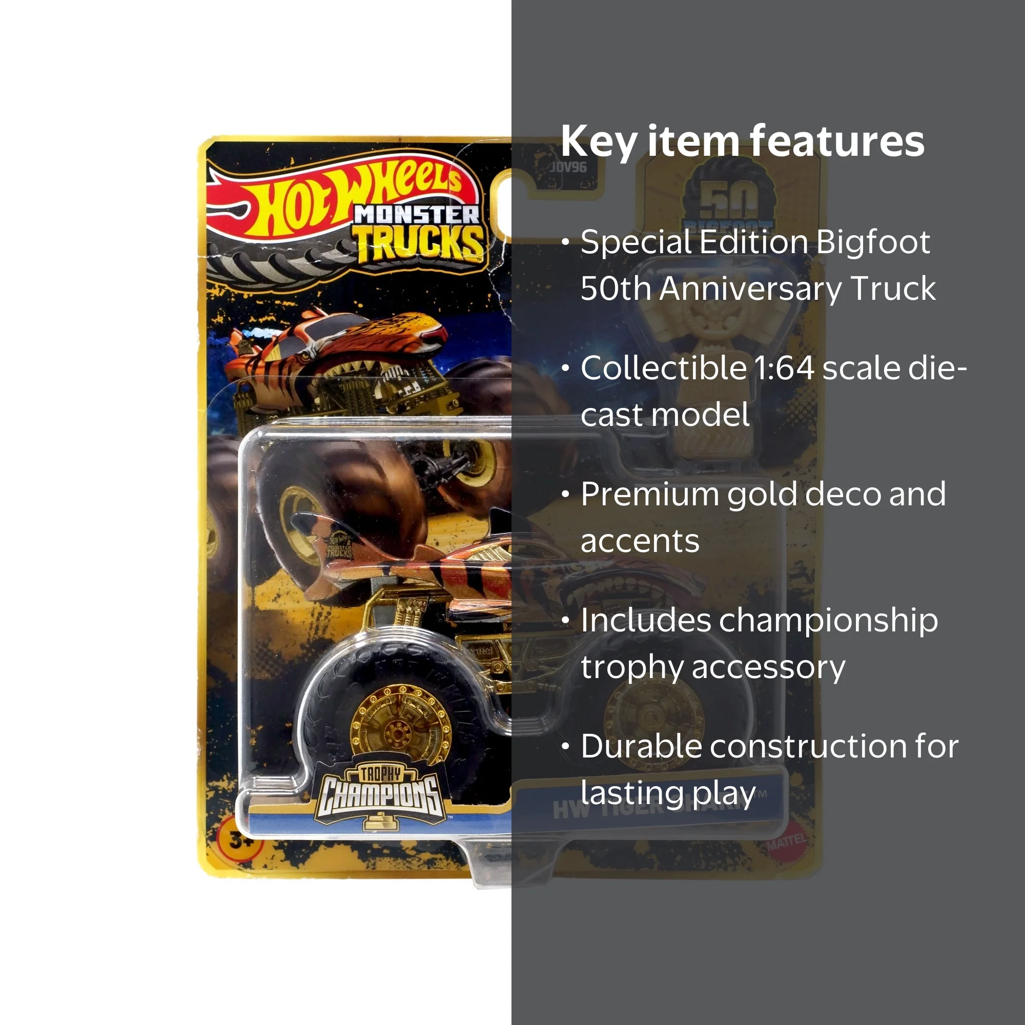 Hot Wheels Monster Trucks Trophy Champions Tiger Shark Diecast Car