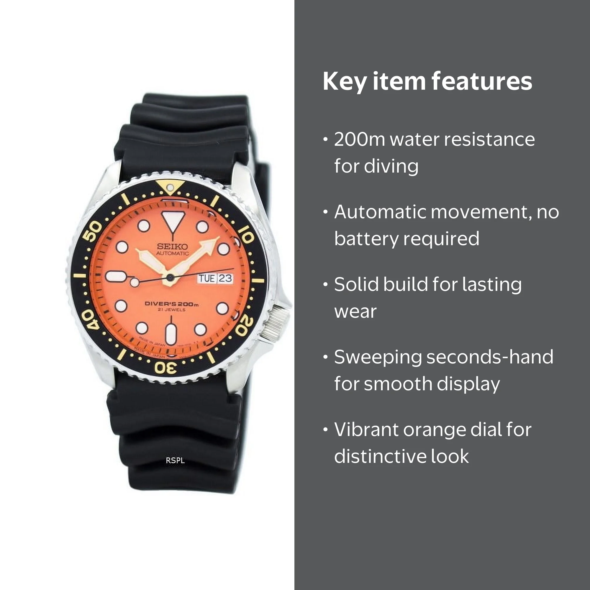 Seiko, Diver's Automatic Watch, SKX011J1, Orange Dial, 200m