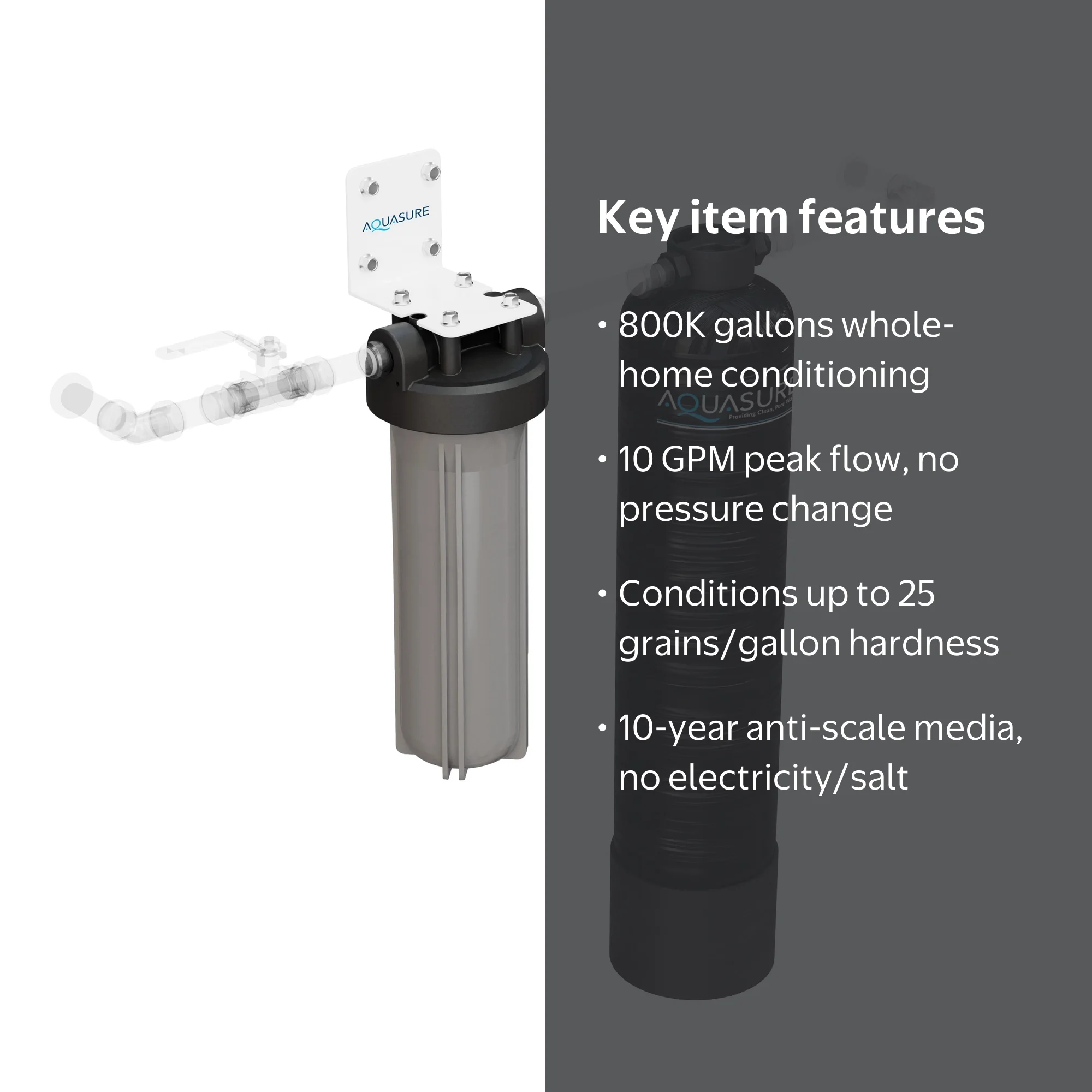 Serene Lite Series | 800K Gallons Whole House Salt-Free Water Conditioning & Softening Descaler System with Triple Purpose Filter | Aquasure USA