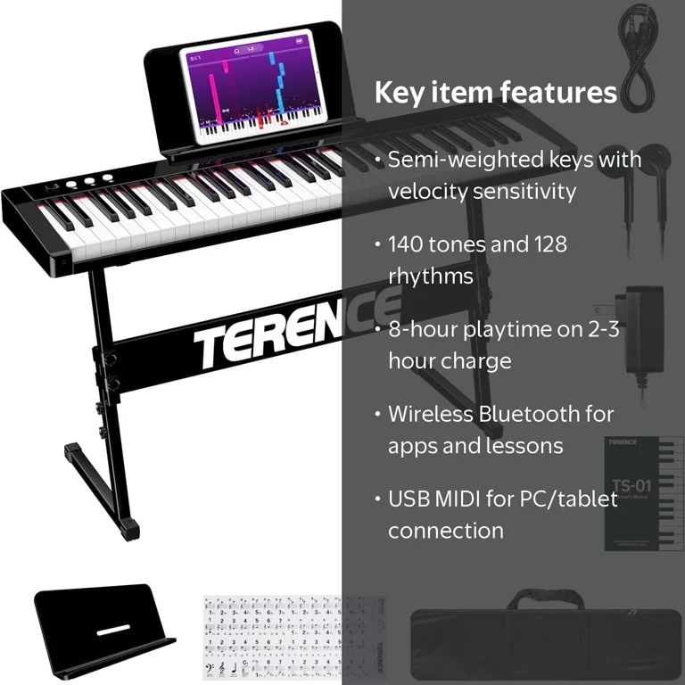 TERENCE 61-Key Keyboard Piano with MIDI, Bluetooth, 1800mAh