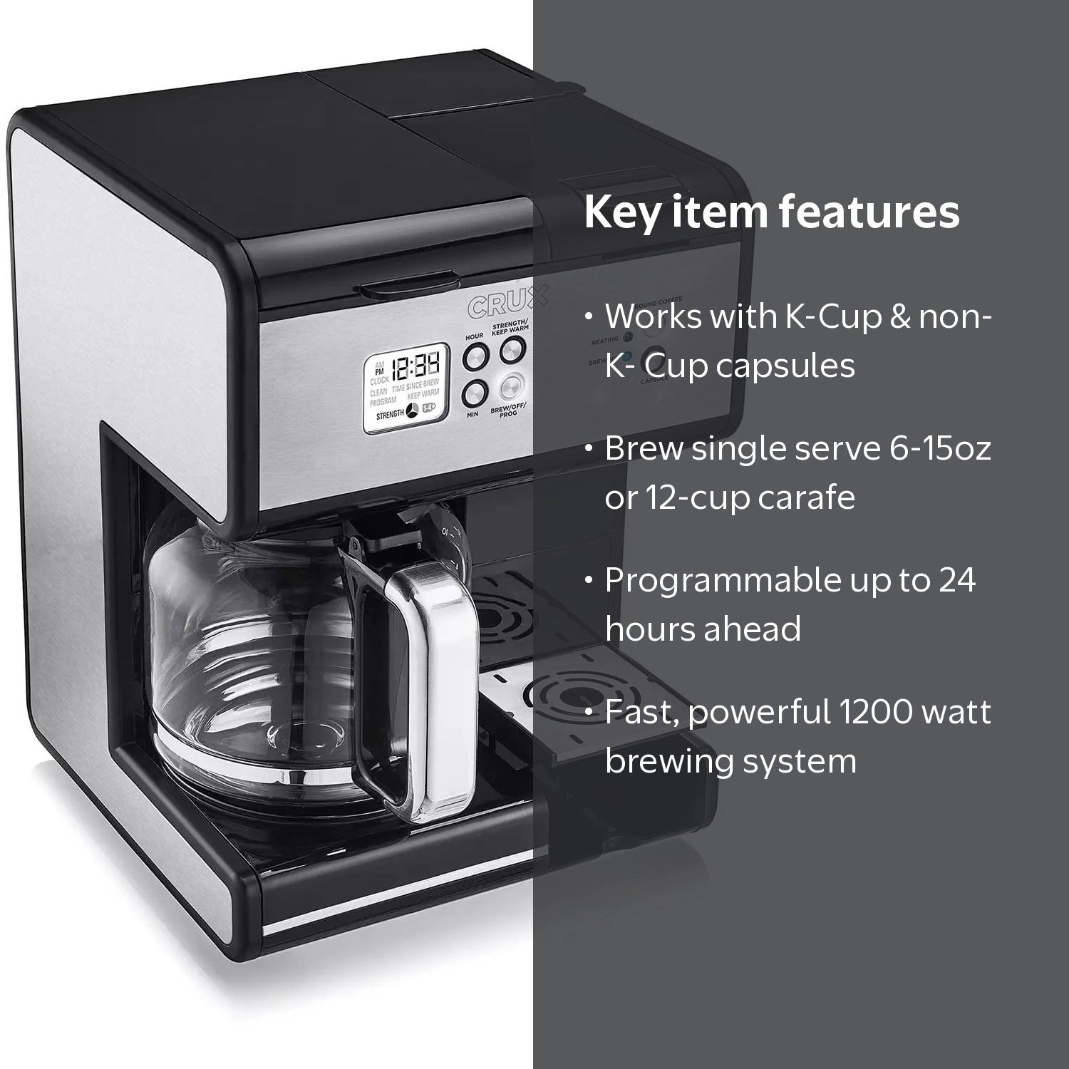 Crux Triple Brew Coffee Maker, Compatible with K-Cups & Non K-Cup