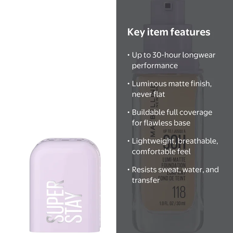 Maybelline Super Stay Lumi-Matte Foundation Makeup 118, 1 fl oz
