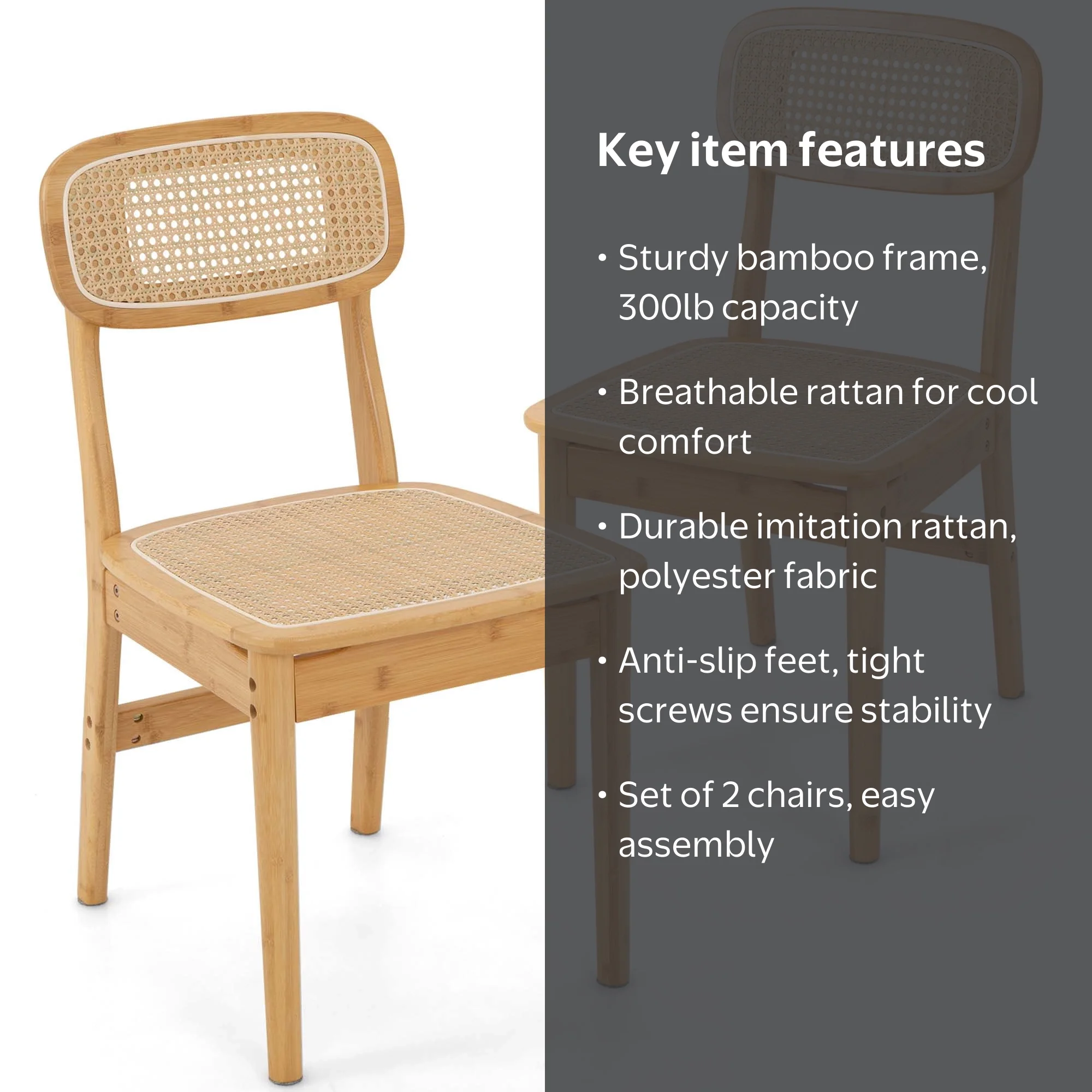 Costway Rattan Accent Chairs Set of 2 Bamboo Frame Cane Woven