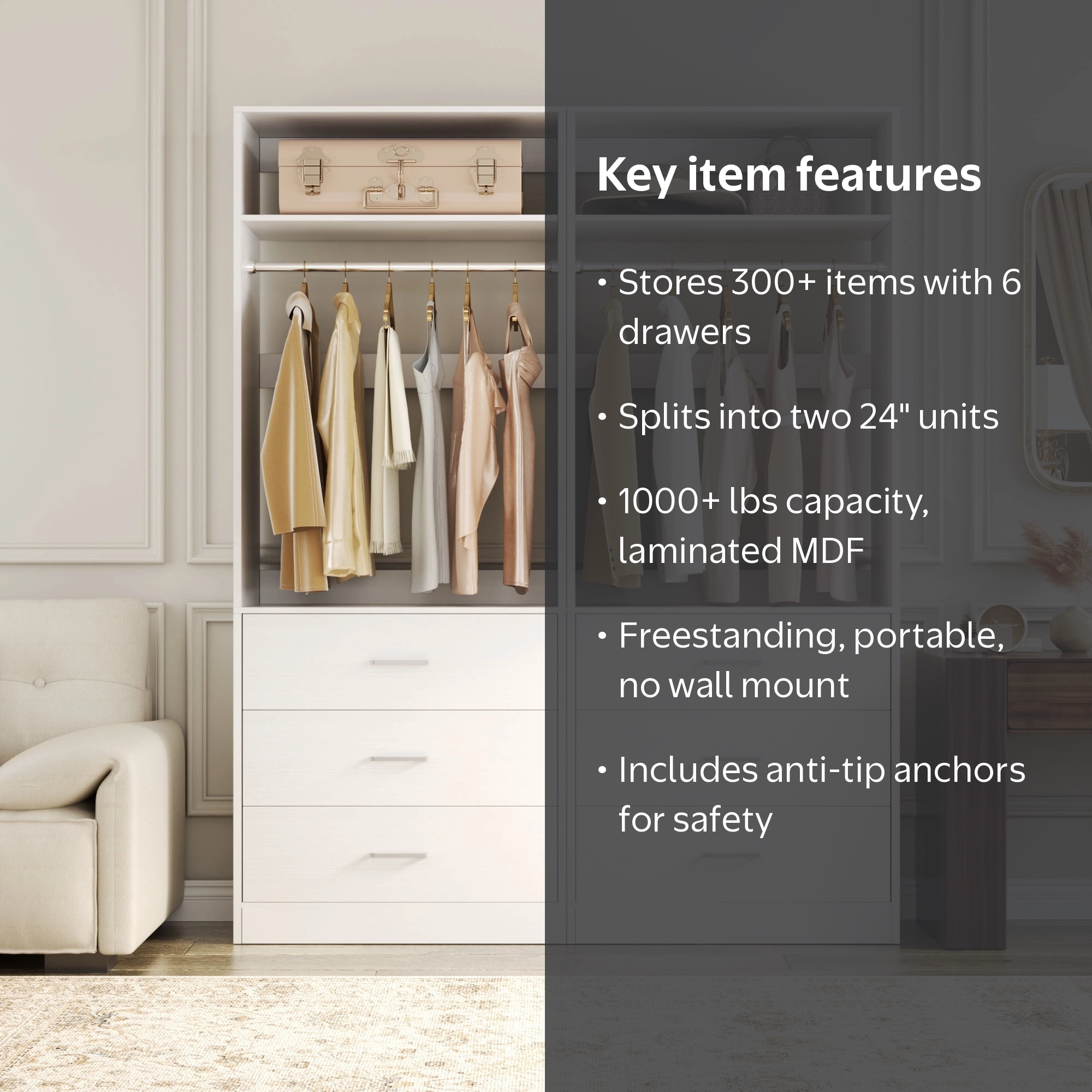 Homieasy, Closet Organizer System, 4FT White, 6 Drawers, 2 Shelves