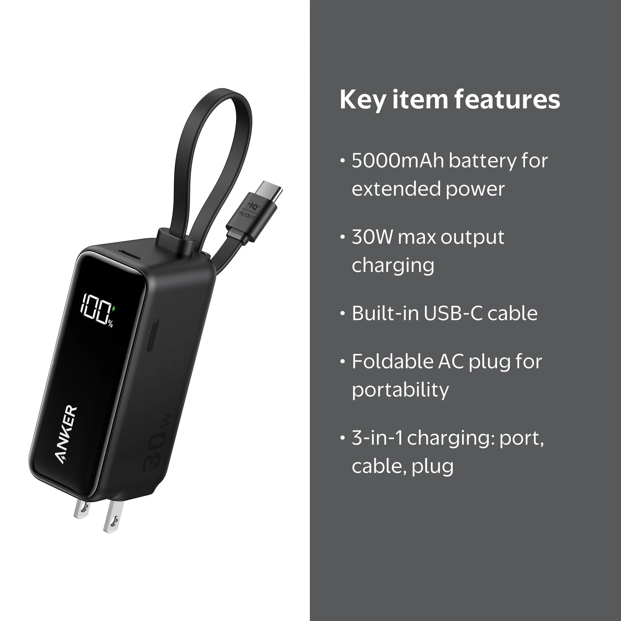 Anker Power Bank USB C Charger Block, 3-in-1 5,000mAh Portable Charger with  Built-in USB-C Cable and Foldable AC Plug, 30W Max Compact Battery Pack,  for iPhone 15 Series, Galaxy, MacBook, and More: Laptops - Walmart.com