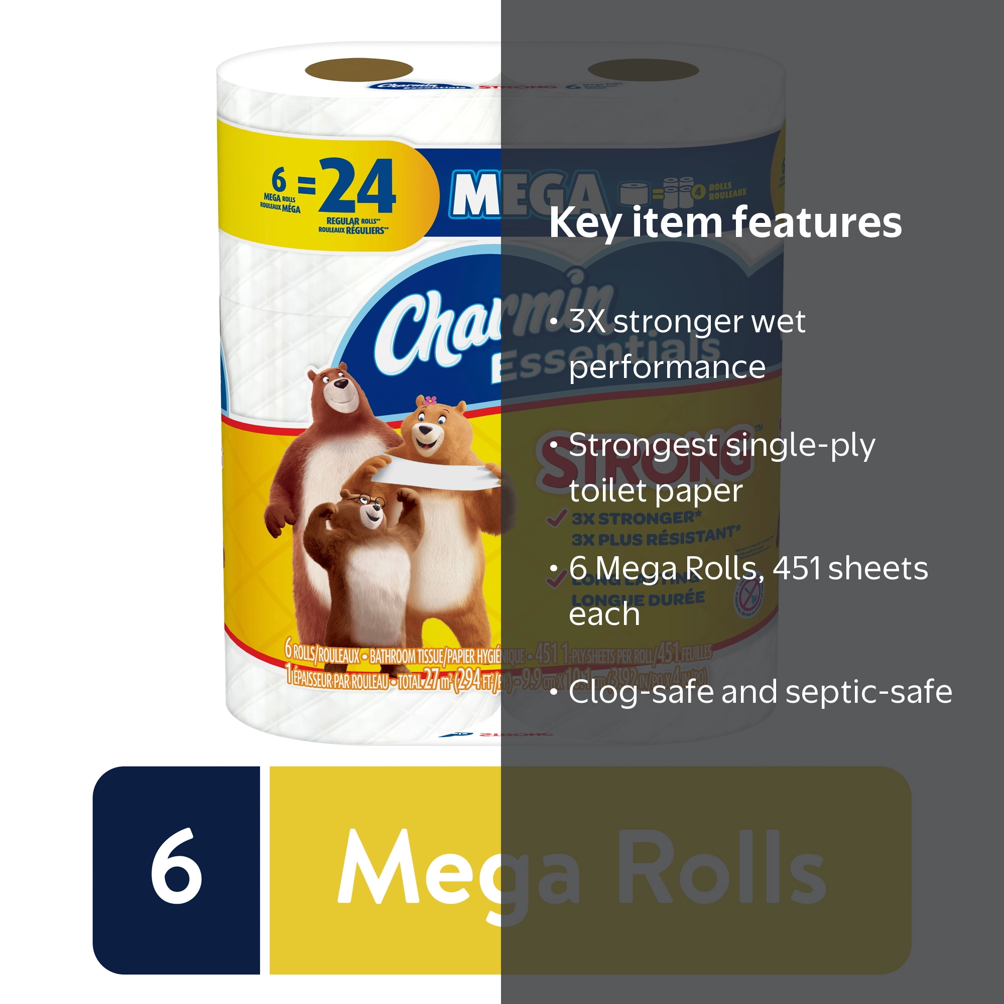 Charmin Essentials Strong Toilet Paper, 6 Mega Rolls - Walmart.com