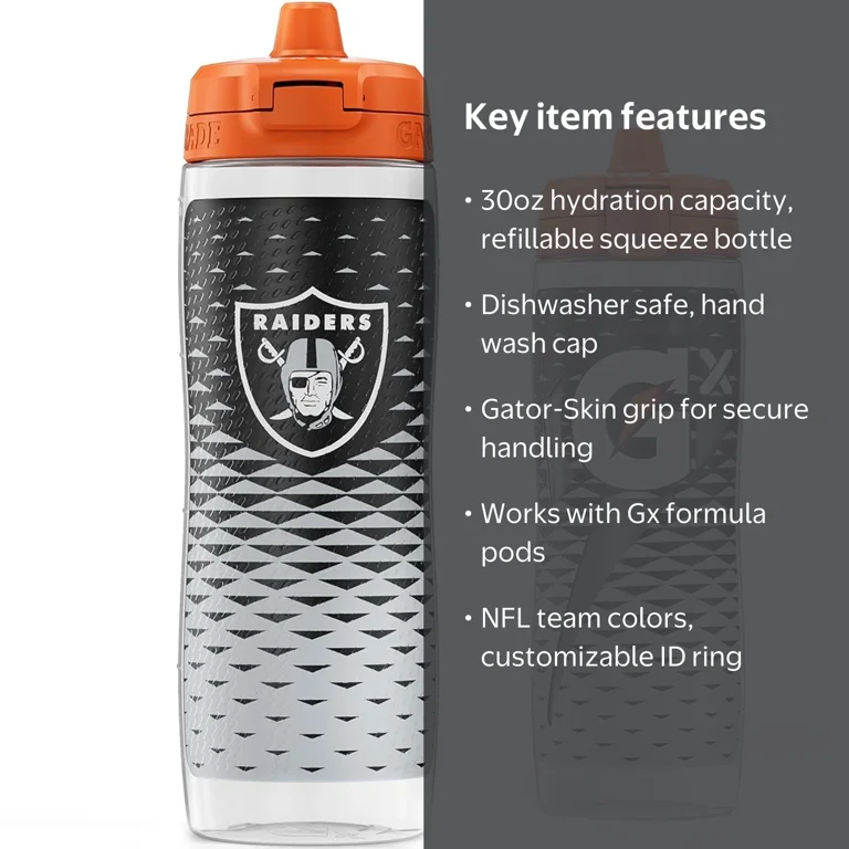 Gatorade Gx NFL Las Vegas Raiders Non-Slip Squeeze Bottles, 30 fl