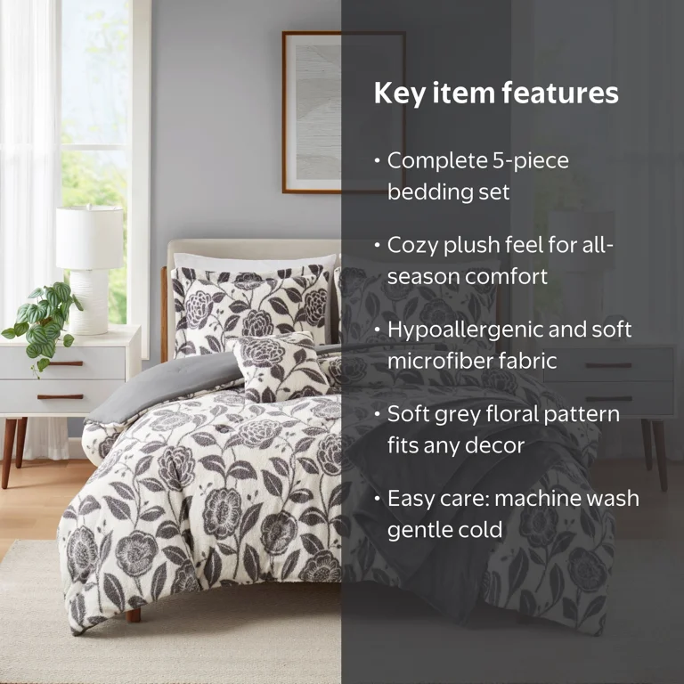 Mainstays Full/Queen Comforter Set, All-Season, 5-Piece, Grey