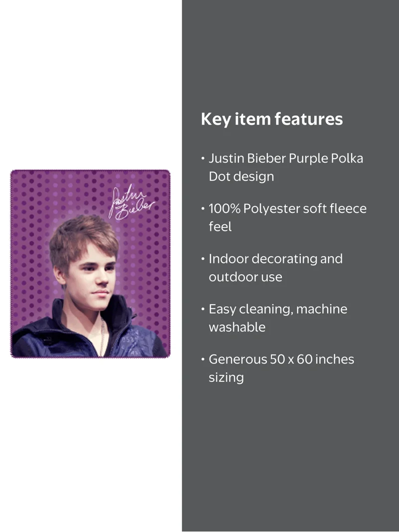 Justin Bieber Purple Polka Dot Throw Fleece Blanket - Walmart.com