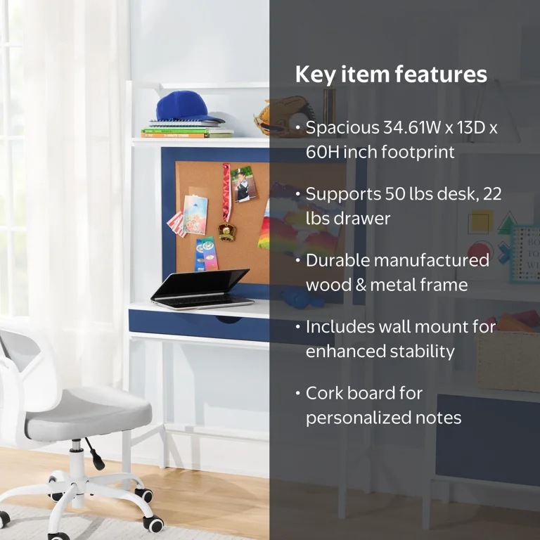 BYO Kids Ladder Desk with Bulletin Board, Navy Blue/White