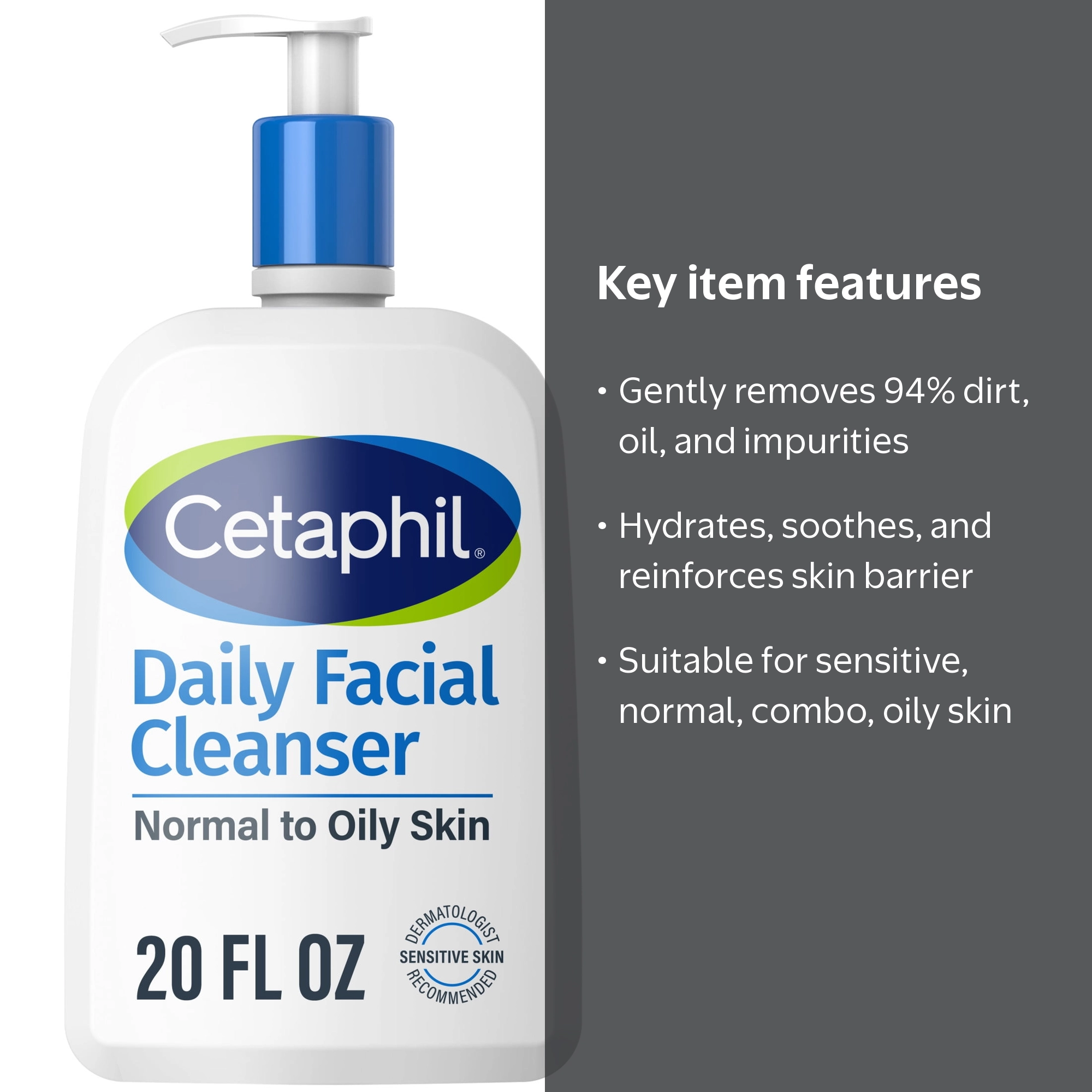 Cetaphil Daily Facial Cleanser for Sensitive, Combination to Oily