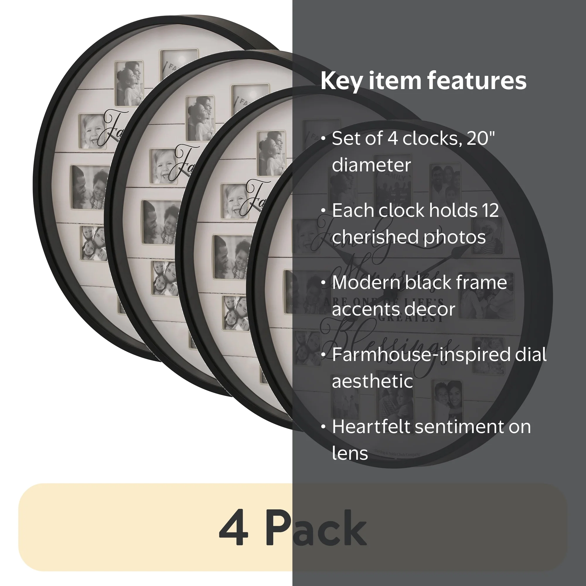 4 pack) Mainstays Sentiment Photo Frame Wall Clock, Farmhouse