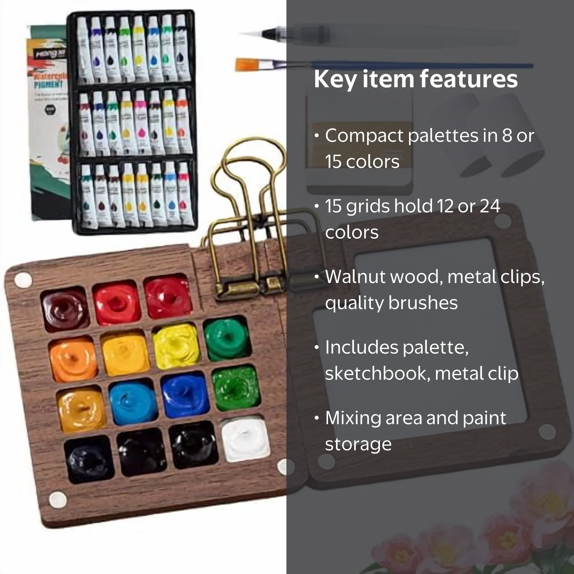 Tobios Watercolor Set, Tobios Mini Watercolor Travel Kit With A Picture Book Mini Watercolors Paint Set Beginners 12 24 Color Paints Walnut 15 Grids
