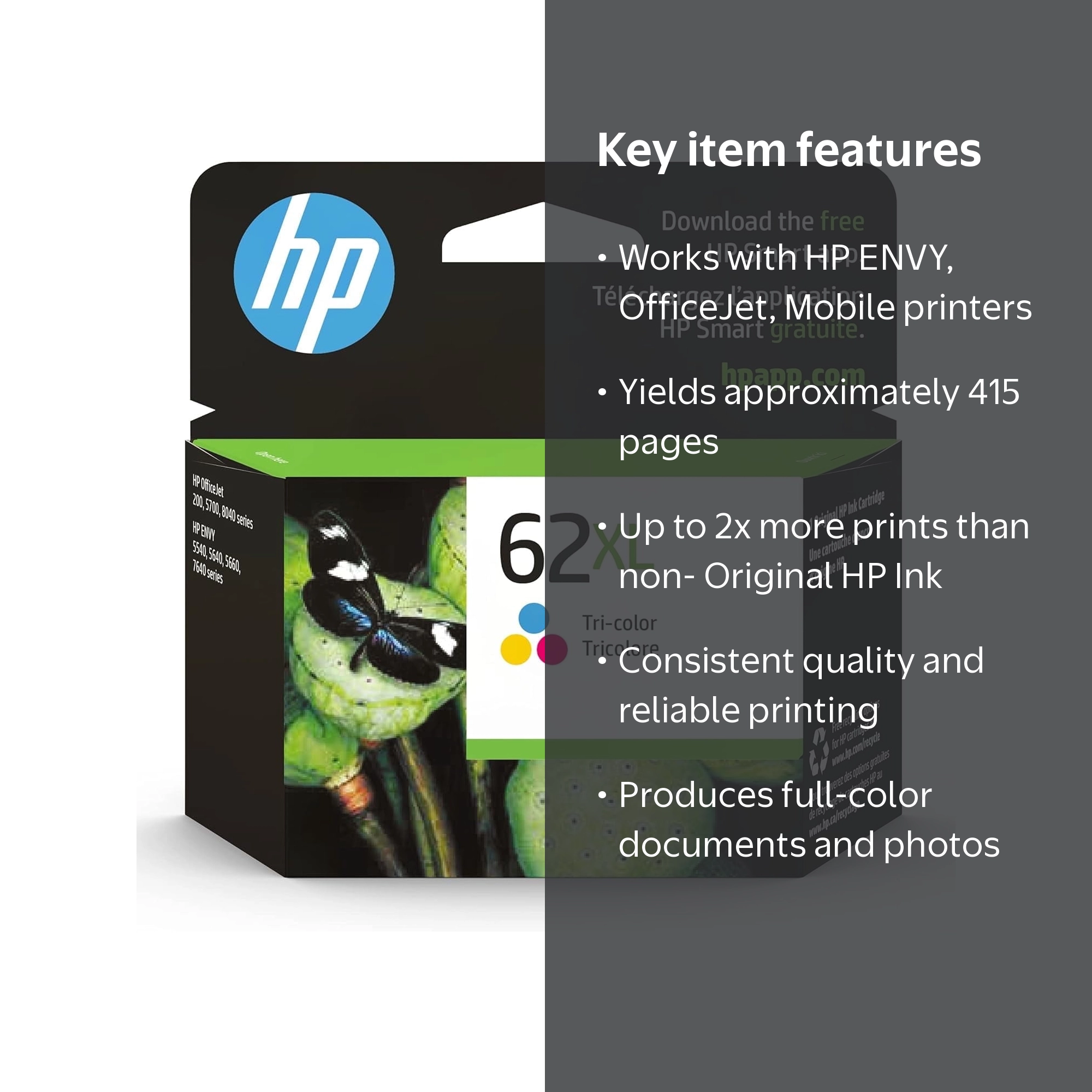 HP 62XL Tri-color High-yield Ink, 415 Pages, Compatible with HP