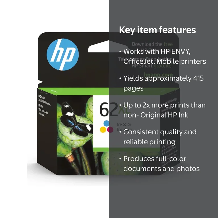HP 62XL Tri-color High-yield Ink, 415 Pages, Compatible with HP