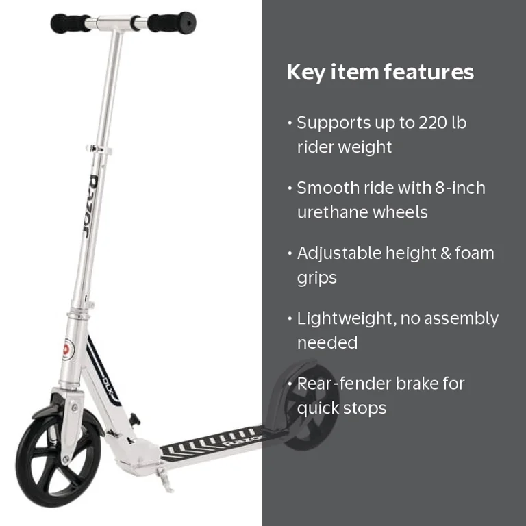 Razor A5 DLX Folding Kick Scooter, Silver, 8