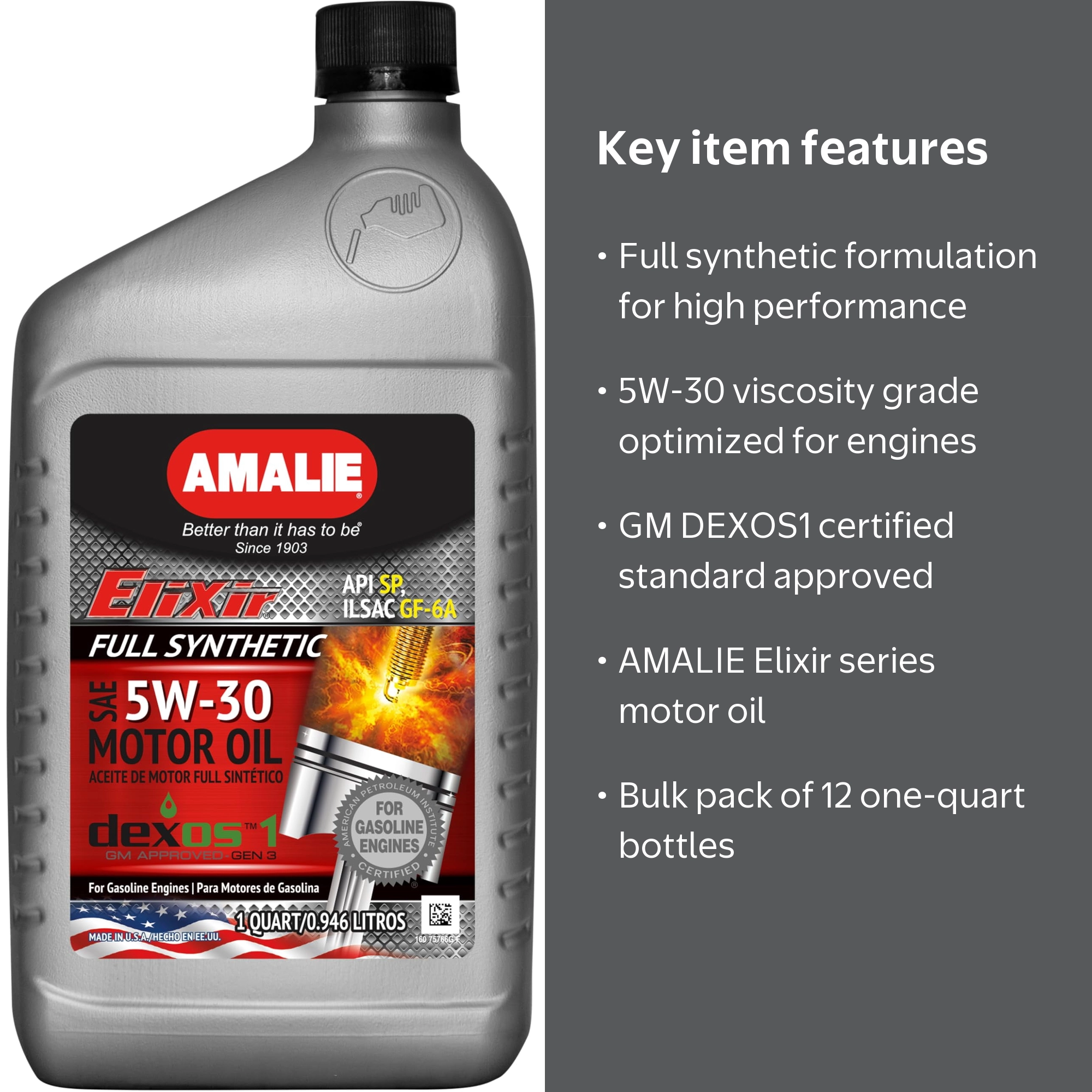 Amalie Elixir Full Synthetic 5W 30 Dexos1 Car Motor Oil Blend - 12
