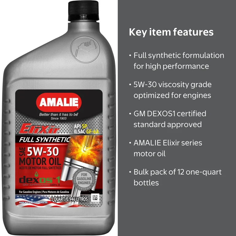 Amalie Elixir Full Synthetic 5W 30 Dexos1 Car Motor Oil Blend - 12