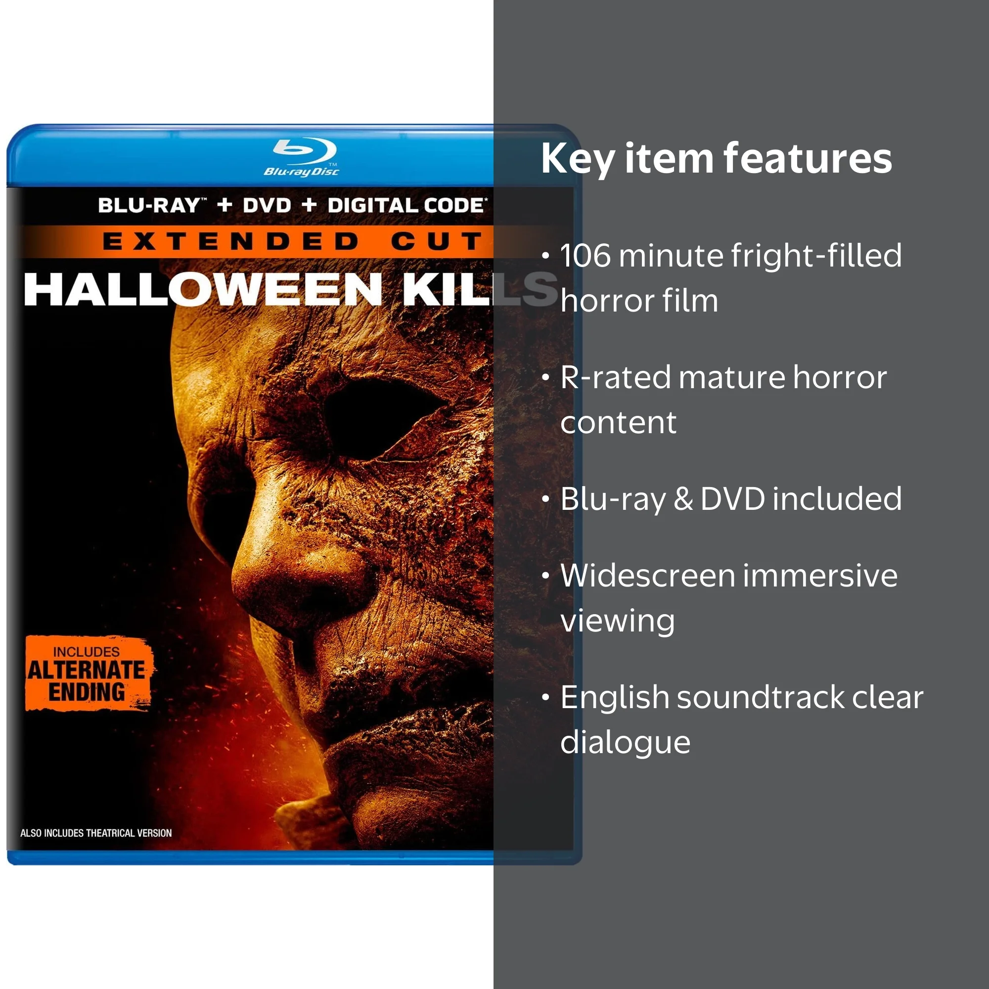 Halloween Kills Blu-ray DVD, 106 min horror film, Jamie Lee Curtis