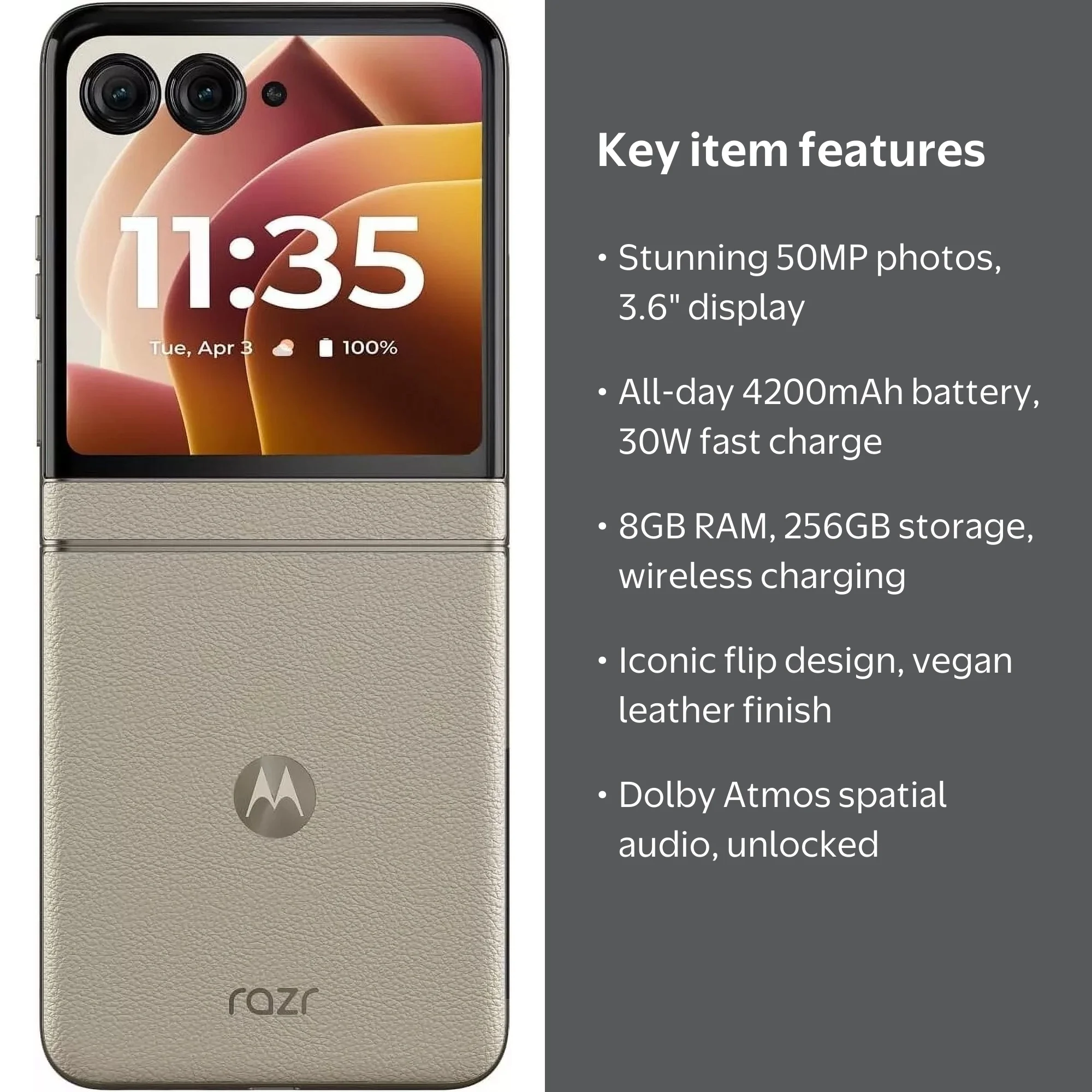 Motorola, razr, Beach Sand, 8/256GB, Unlocked, Foldable Smartphone