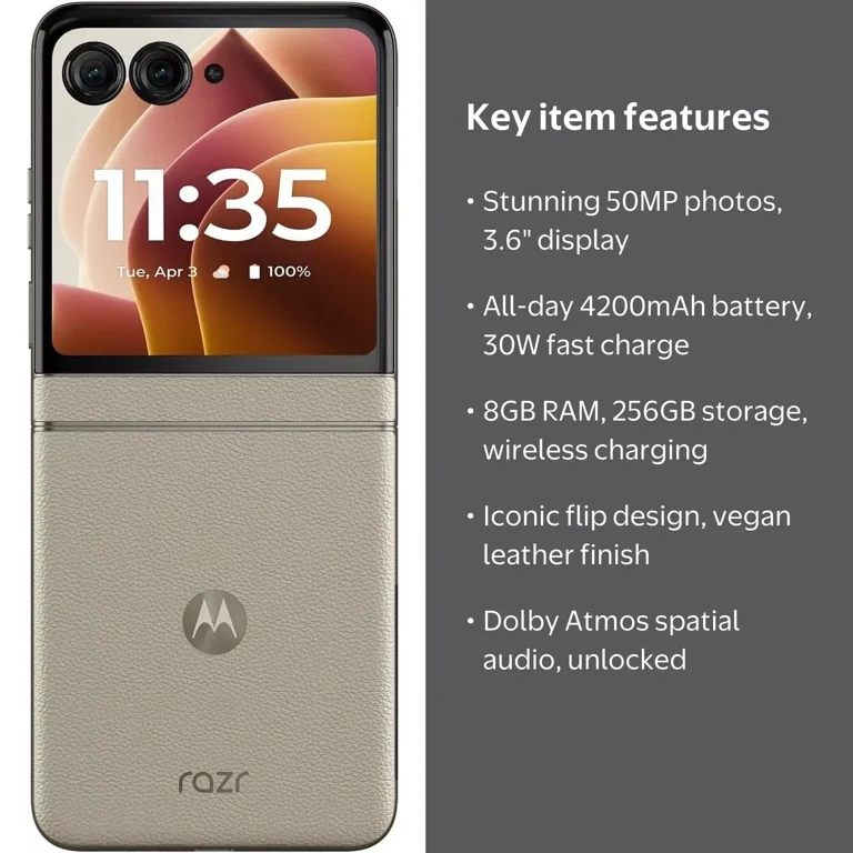 Motorola, razr, Beach Sand, 8/256GB, Unlocked, Foldable Smartphone