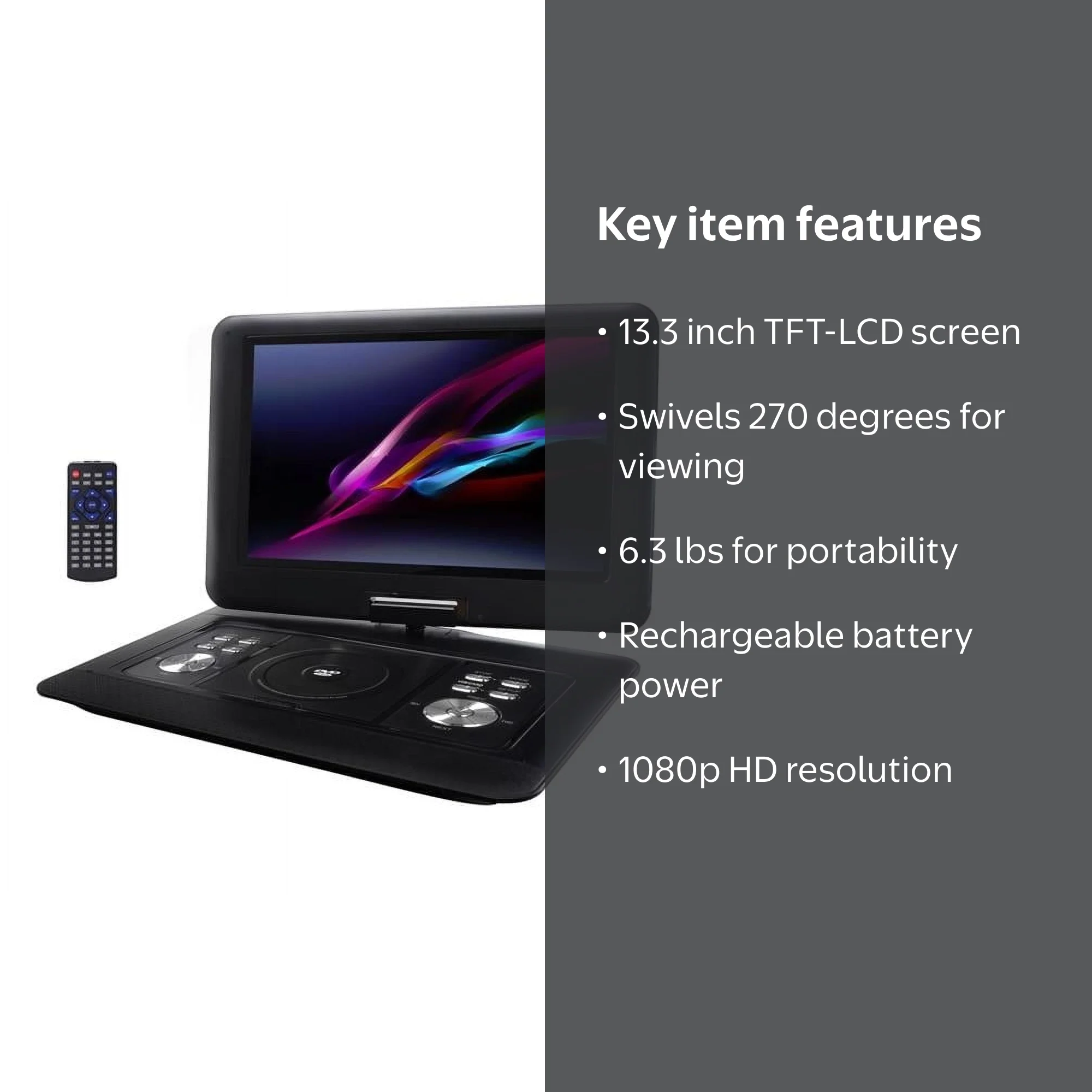 13.3 in. Portable DVD Player with Swivel TFT-LCD Screen, USB, SD