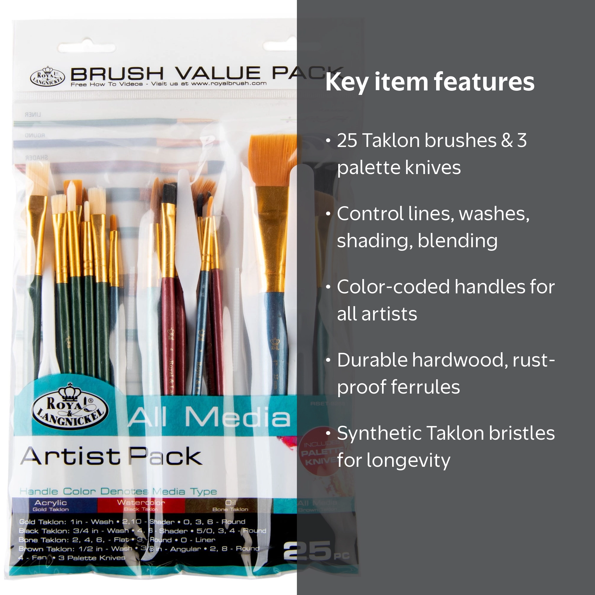 Royal & Langnickel Assorted Shapes All Media Taklon Art Brushes 25