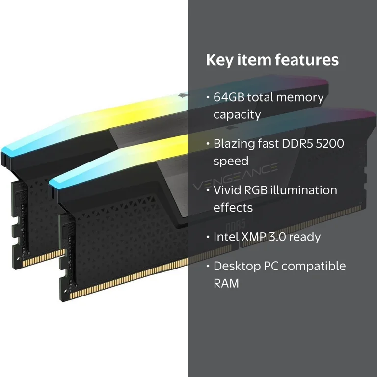 CORSAIR Vengeance RGB 64GB (2 x 32GB) 288-Pin PC RAM DDR5 5200