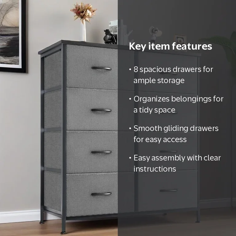 Gianna 8-Drawer Fabric Dresser, Durable Storage Cabinet for Bedroom, Office, Grey