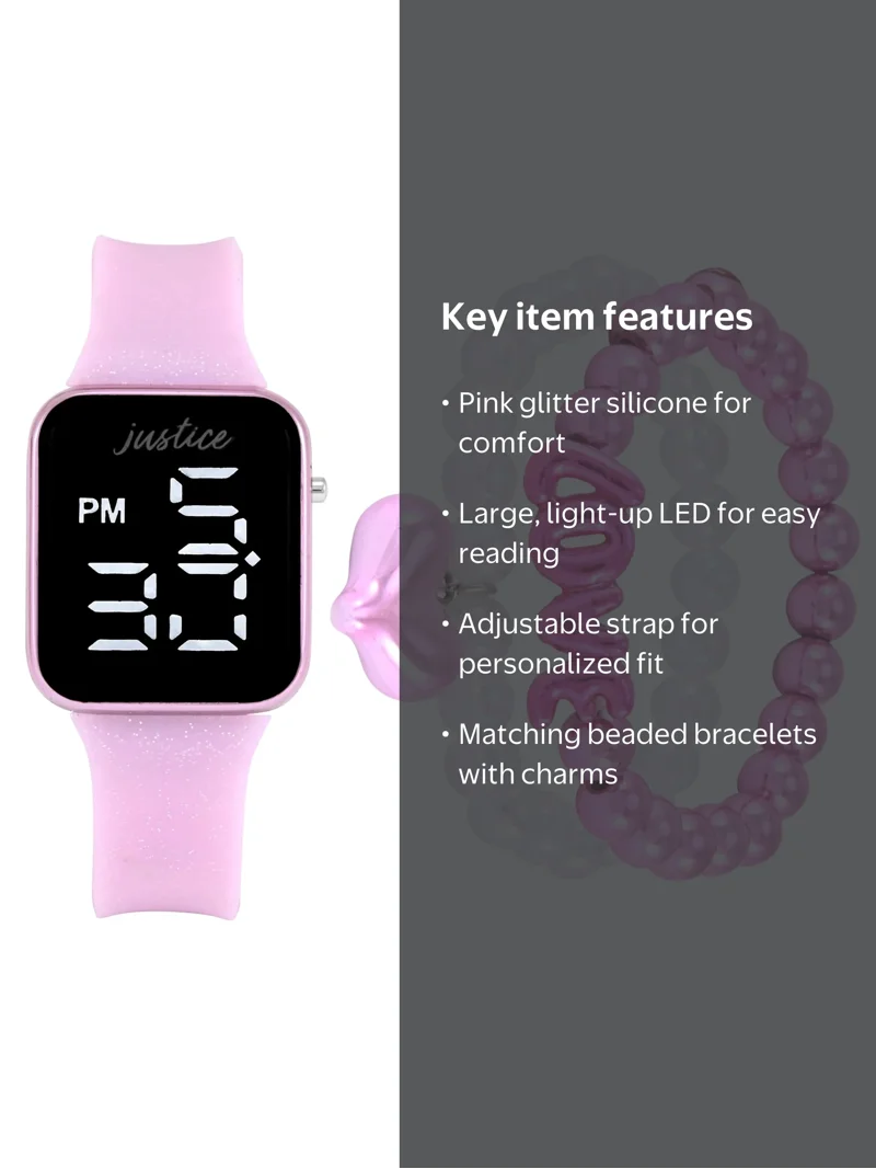Justice Girls Pink Glitter Silicone Strap Led Watch with Matching