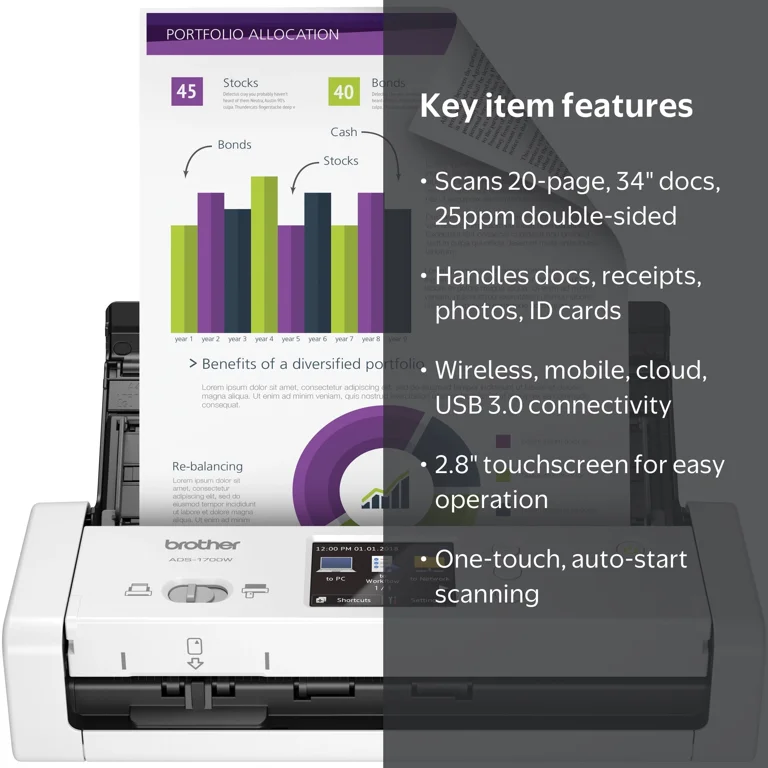 Brother, Desktop Scanner, ADS-1700W, Color Scanning Wireless