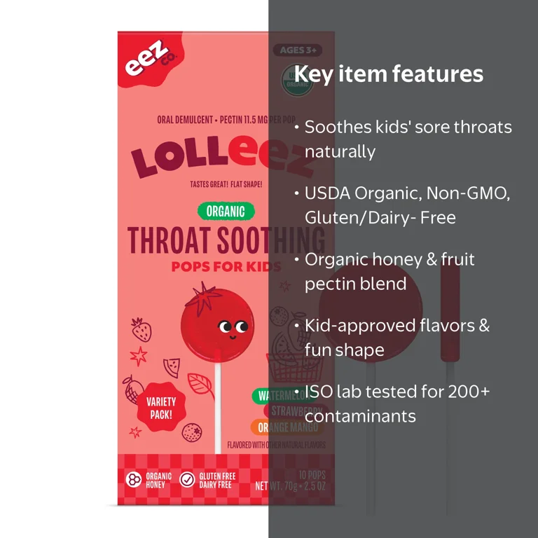 Lolleez Organic Kids Throat Soothing Variety Pack Lollipops, 10
