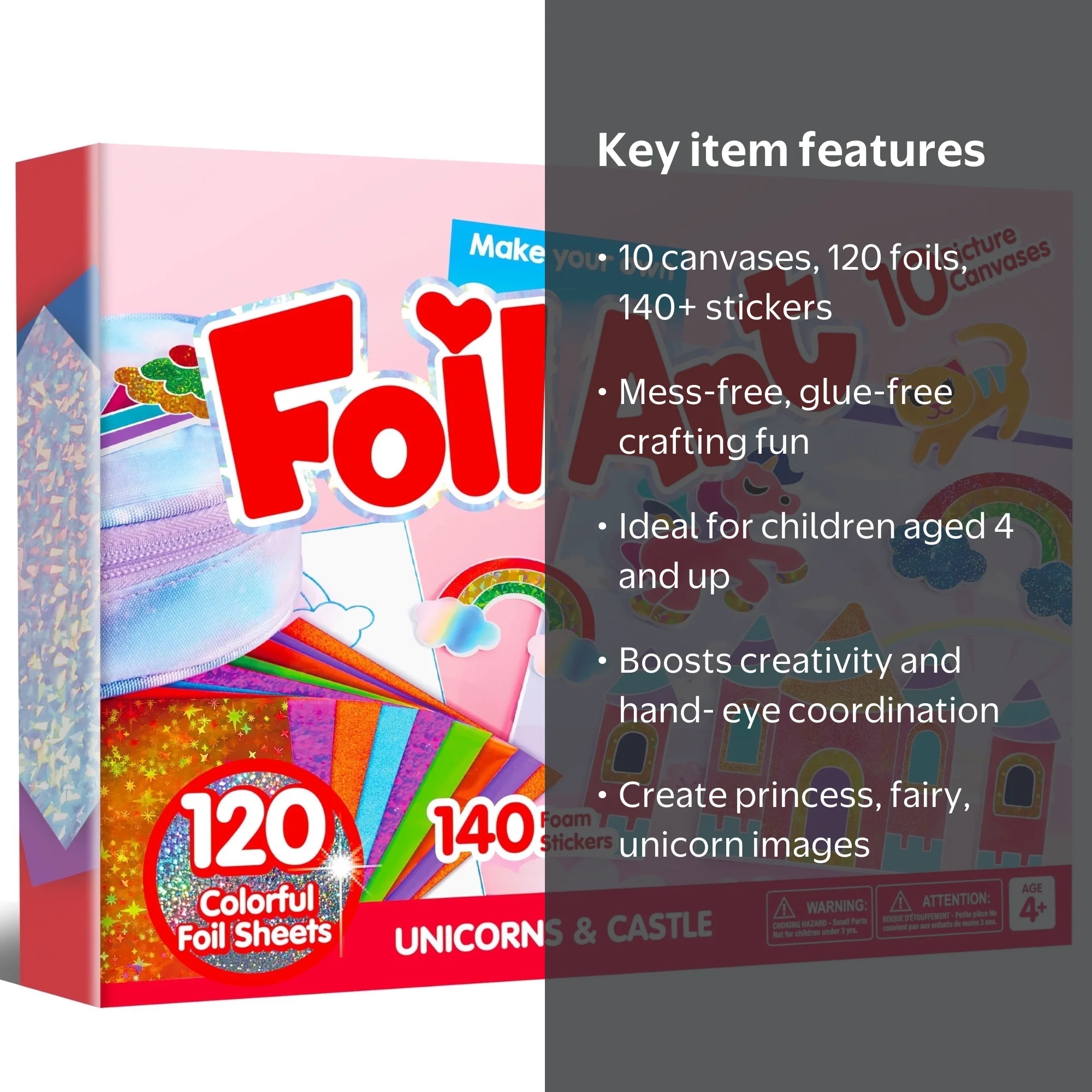 Joyfy Foil Art Kit for Kids, 10 Canvases + 120 Foil Sheets +