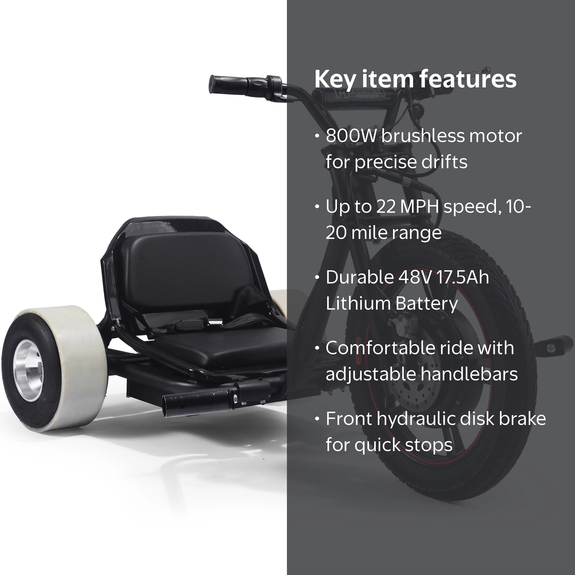 MotoTec, Electric Trike, Drifter 48v 800w, Black, Lithium Battery