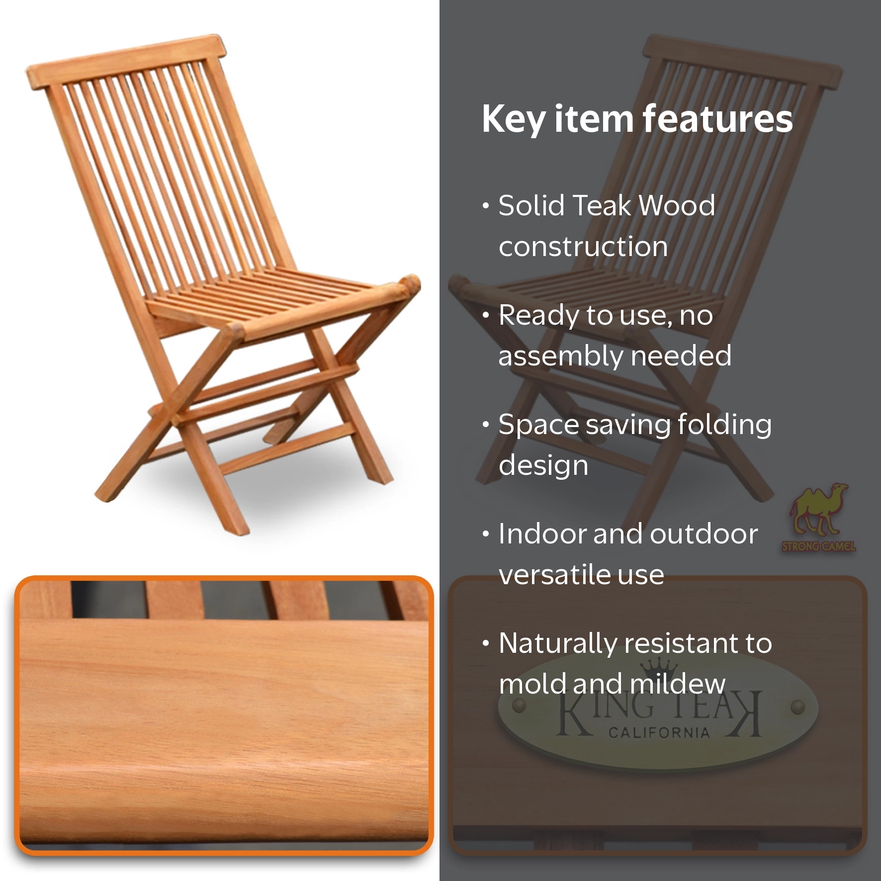 King Teak Golden Teak Wood Folding Chair Outdoor Patio Garden Yard