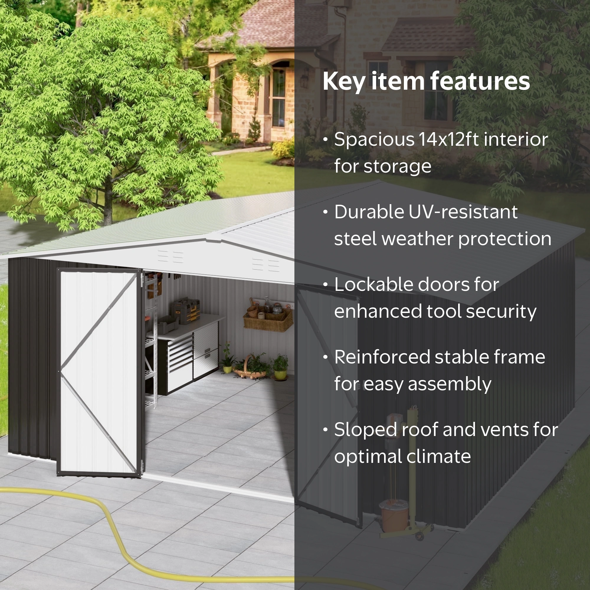 NETAJ 14x12 Outdoor Metal Shed, Lockable Doors, Updated Frame