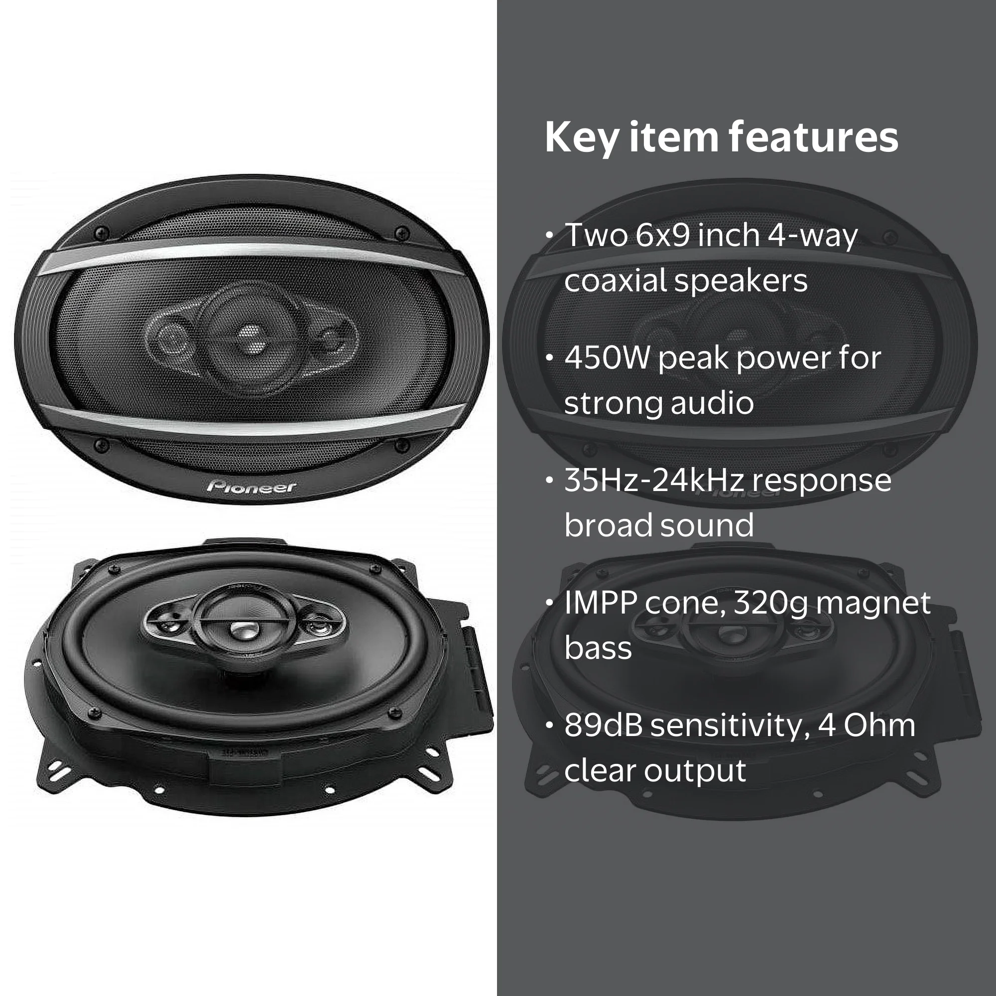 Pioneer TS-A6960F 450W 4-Way 6x9 Stereo Coaxial Speakers, 4-Ohm