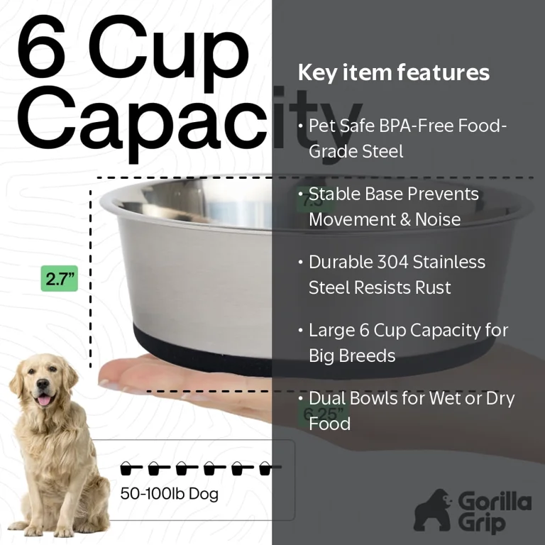 Gorilla Grip, Dog Bowl Set of 2, 6 Cups, Heavy Duty Stainless