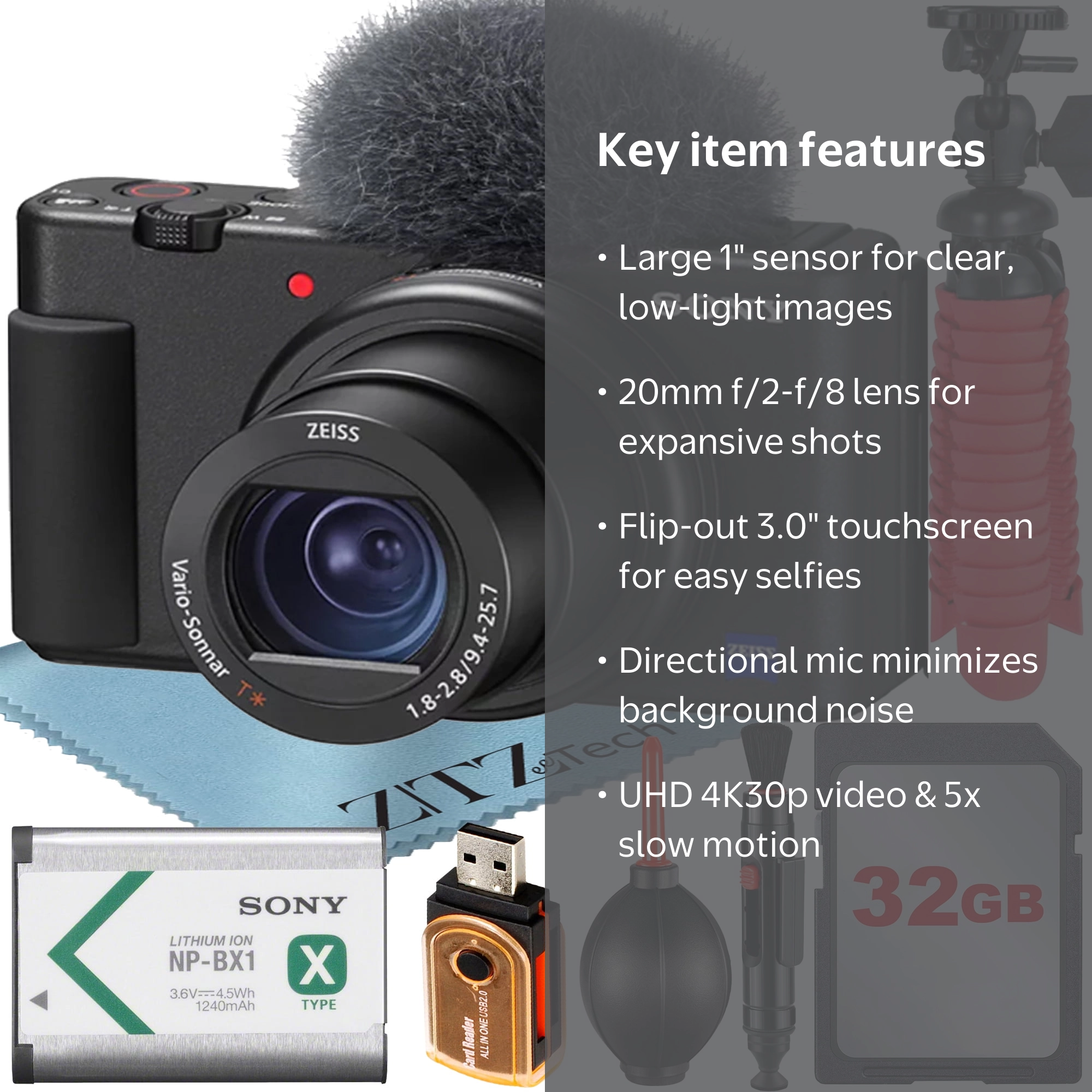 Sony ZV-1F Compact Vlogging Camera with 32GB SanDisk Memory Card