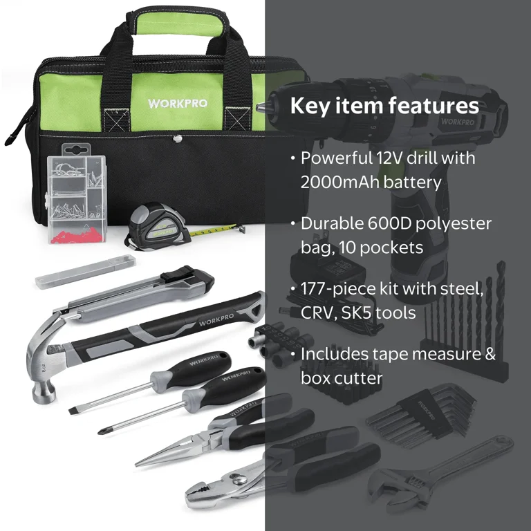 WORKPRO 12V Cordless Drill, 177-Piece Tool Set, 2000mAh Battery