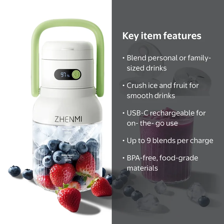 Zhenmi Portable Blender for Shakes and Smoothies, 33oz, Cordless