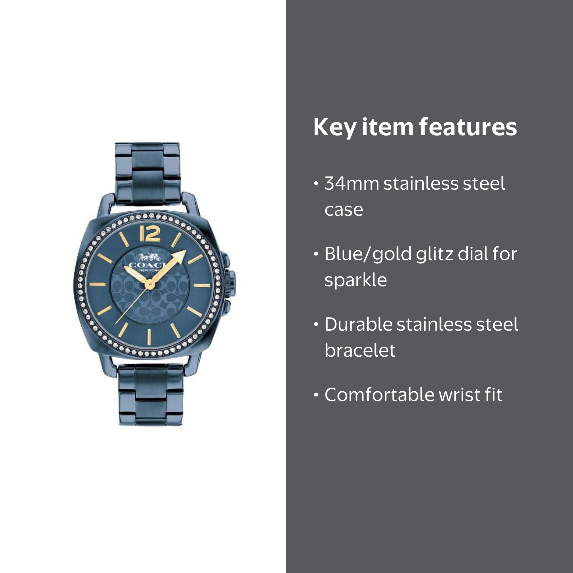 Coach Women's Boyfriend Blue Gold Glitz Dial Stainless Steel