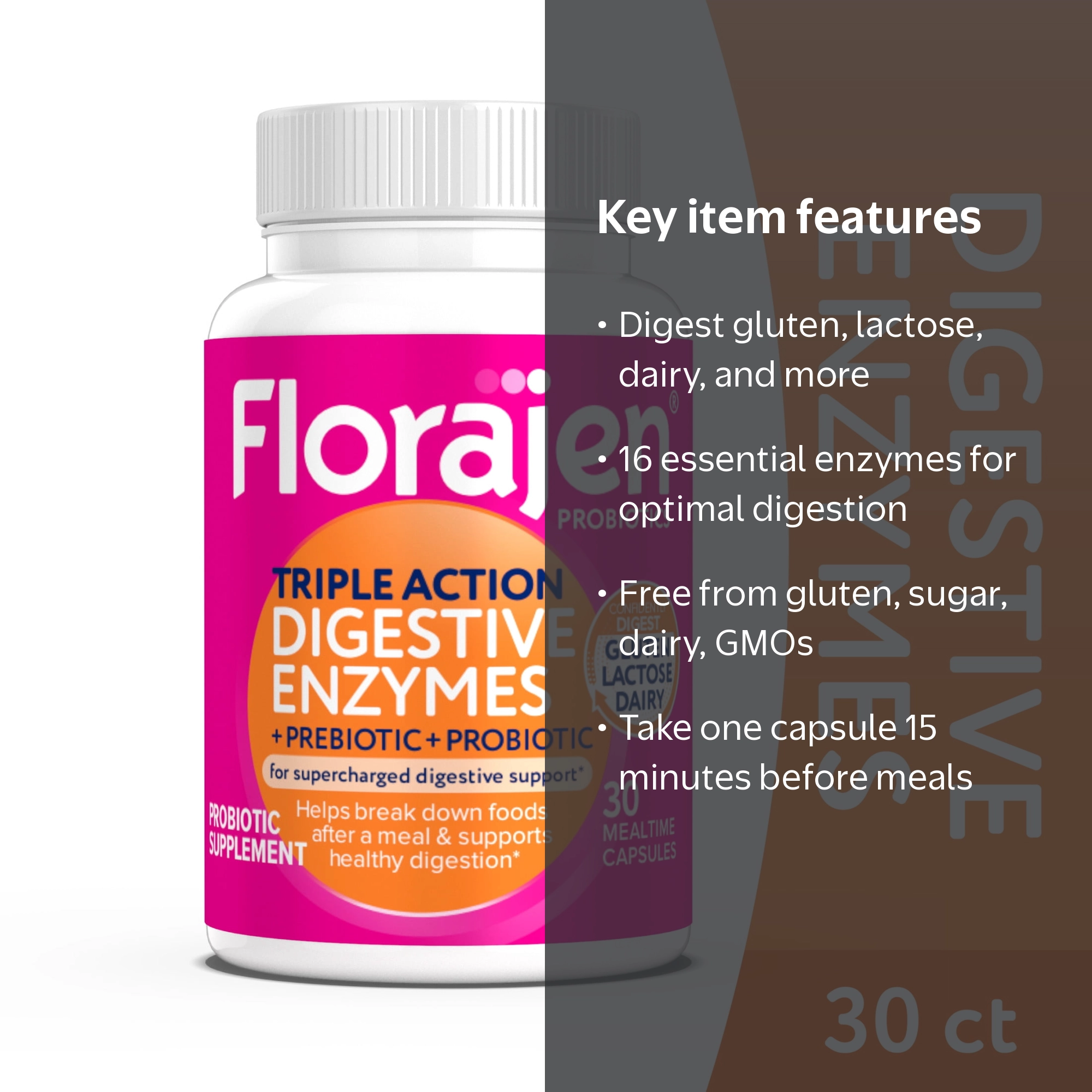 Florajen Digestive Enzymes with Probiotics & Prebiotics, 30ct
