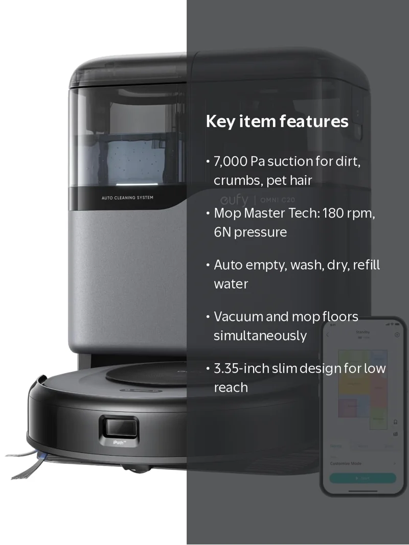 eufy, Robot Vacuum Omni C20, 7,000 Pa Suction, Self-Emptying