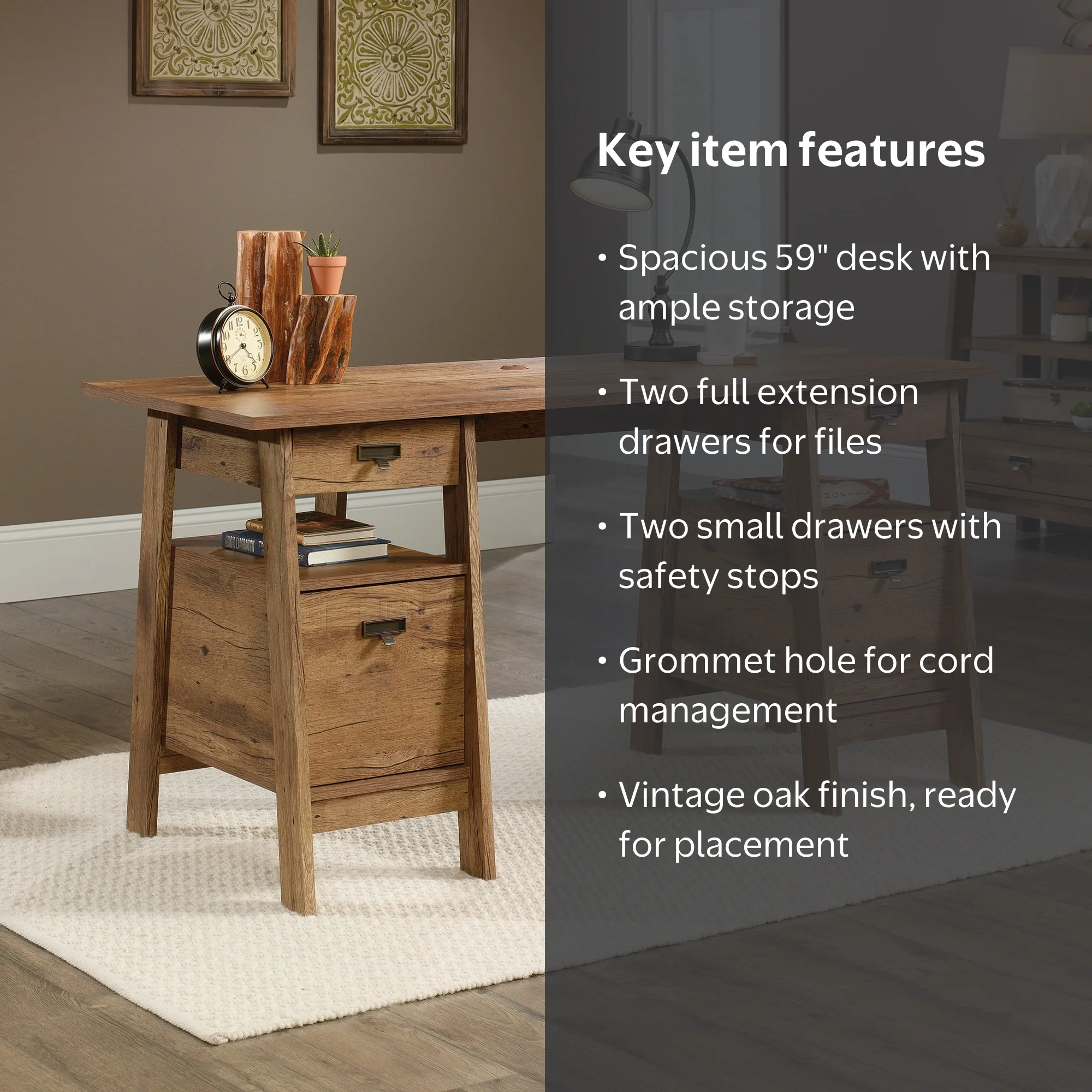 Sauder, Executive Desk, Trestle Vintage Oak Finish, 59.06